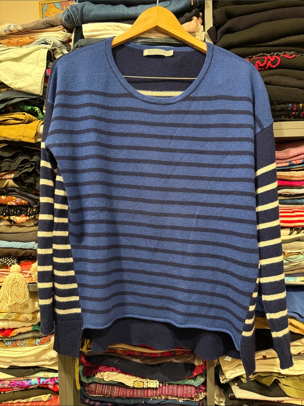 InCashmere Striped Crewneck Sweater